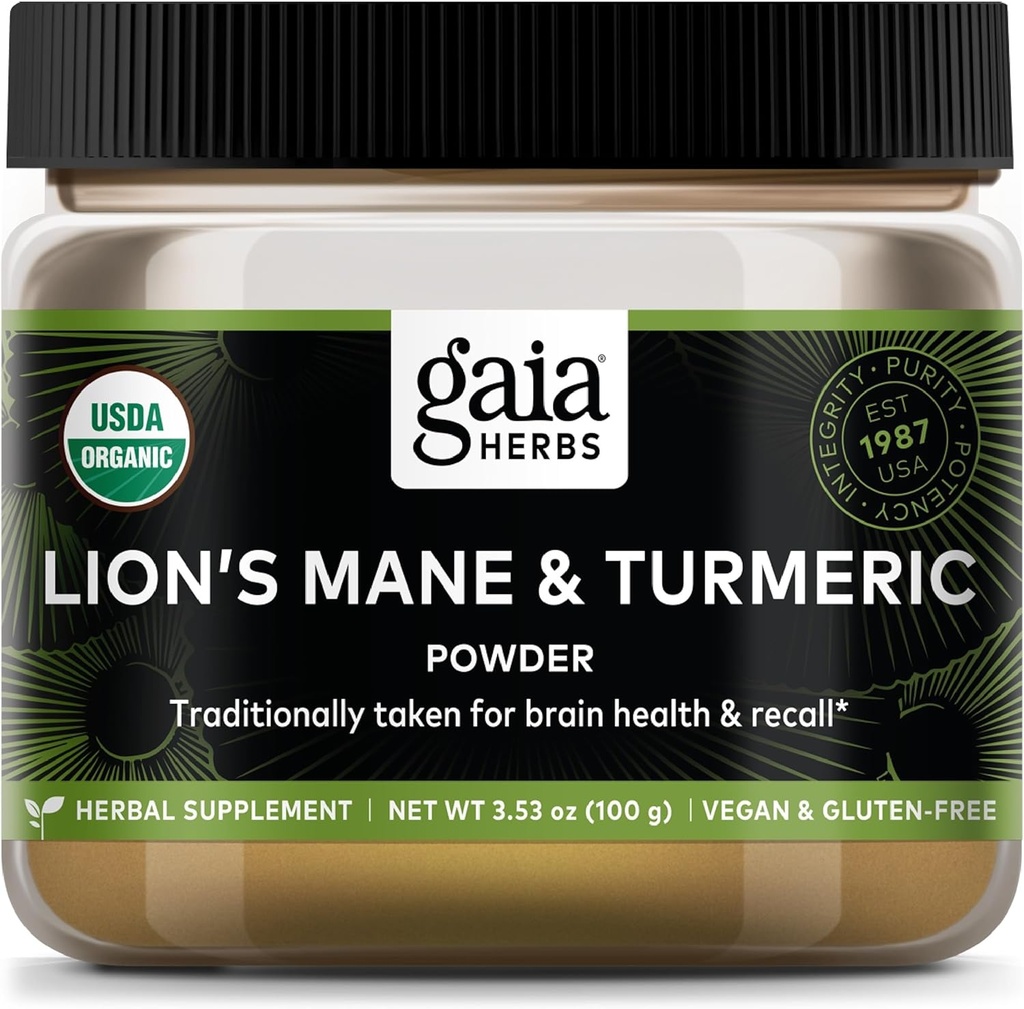 Gaia Yrtit Leijonan Mane & Turmeric Powder - Herbal Mushroom Supplement Powder auttaa säilyttämään aivot terveys ja palauttaa - USDA Certified Organic-3.53 Oz (Päivälle 45 päivän tarjonta)