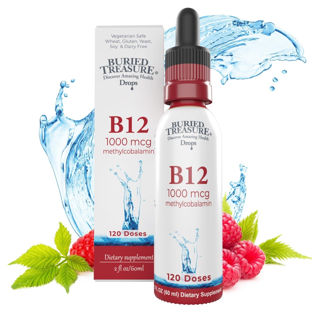 Hautautunut Treasure B12 Drops - 1000 mcg B12-vitamiinin metyylikobalamiini per tarjoilu, 120 tarjoilua - sublingual B12, alkoholiton, vegaaninen, vadelma maku, 2 oz pullo, valmistunut Dropper Tarkka annostus