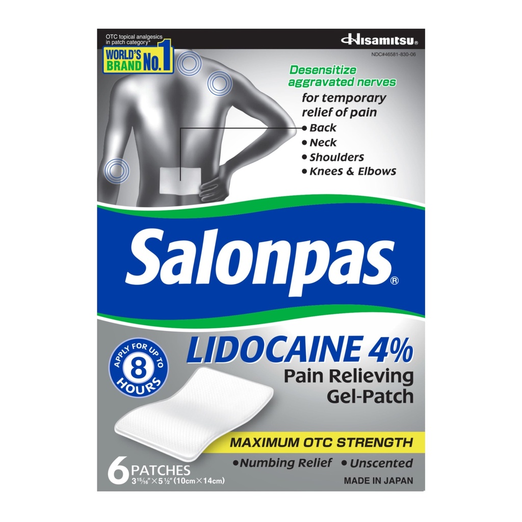 Salonpas Lidokaiini 4% Kipua Reliving Gel- Patch, 6 Count, selkä, niska, olkapää, polvi ja kyynärpääkipu
