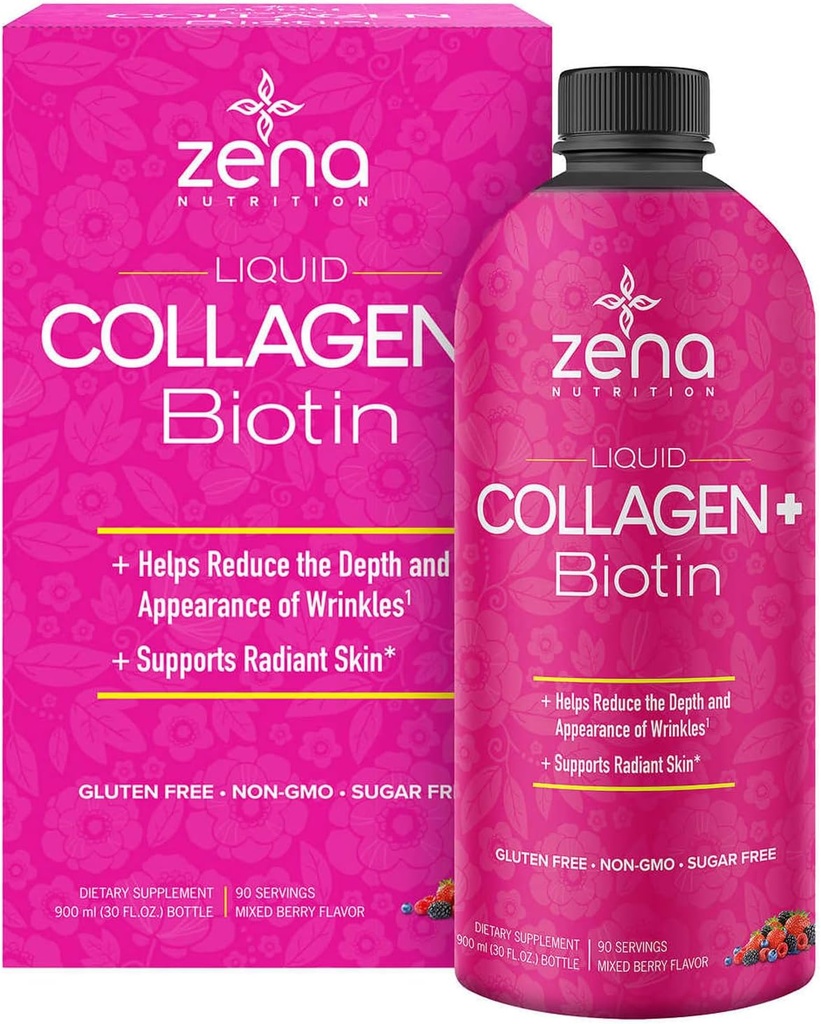 Zena Liquid Collagen + Biotin: 2500 mg Collagen, 5000 mcg Biotin, Verisol Formula 