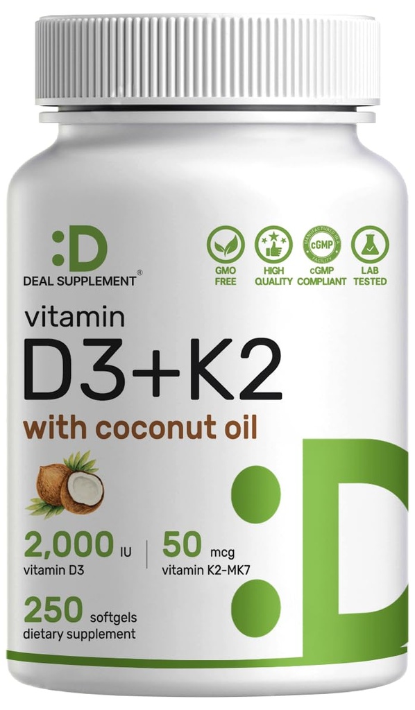 DEAL lisäravinne D3 2 000 IU + K2 MK7 50 mcg Softgels ... 2-in-1 Kompleksi Neitsyt Kookosöljyllä...