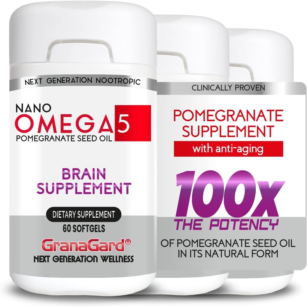 CLINICALLY Proven (3-månaders leverans) Hjärntillskott med anti-åldrande, minnespiller, Omega 5 Pomegranattillskott, 3 flaskor 60ct Varje
