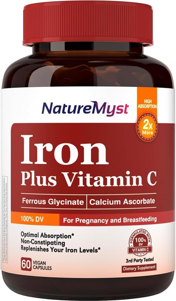 Hellävarainen rautalisä naisille, 27 mg Iron Bisglysinaatti Plus 120 mg C-vitamiini, vatsaystävällinen, optimaalinen imeytyminen ja ei-kosteuttavat rautapillerit, gluteeniton, 60 vegaanikapselia