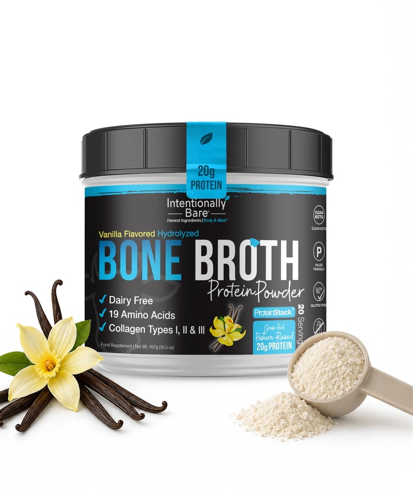 Tahallaan Bare Bone Broth Protein Powder Vanilla - Grass Fed Protein Powder Multi Collagen Peptides Tyyppi 1 2 ja 3 - Dairy Free Brone Broth Powder for Skin, Gut and Joint - 20 Tarjoilut
