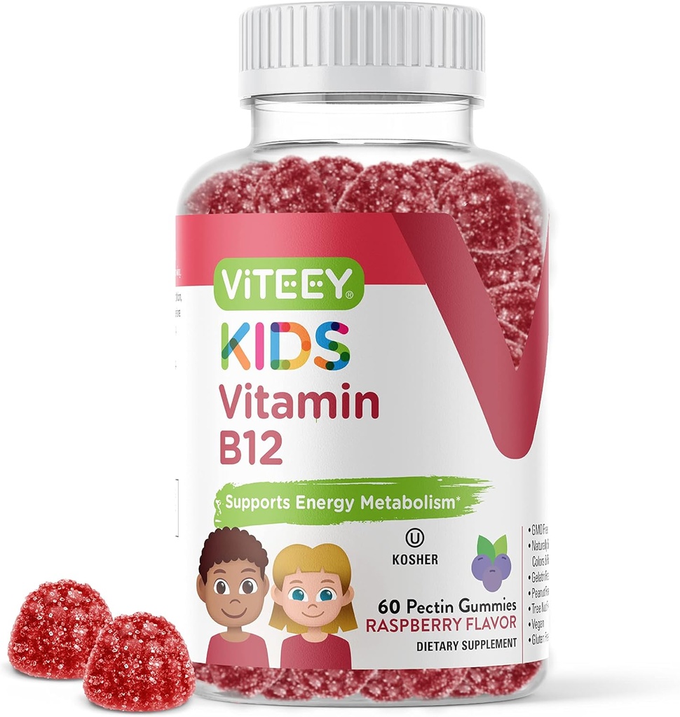 Vitey-vitamiini B12 lapsille Gummies, 1000 mcg - Aineenvaihdunta, Natural Energy Support - Vegan, Liivate, Gluteeniton, GMO-vapaa - Tasty Pureskeltava B12 Vadelma Maku