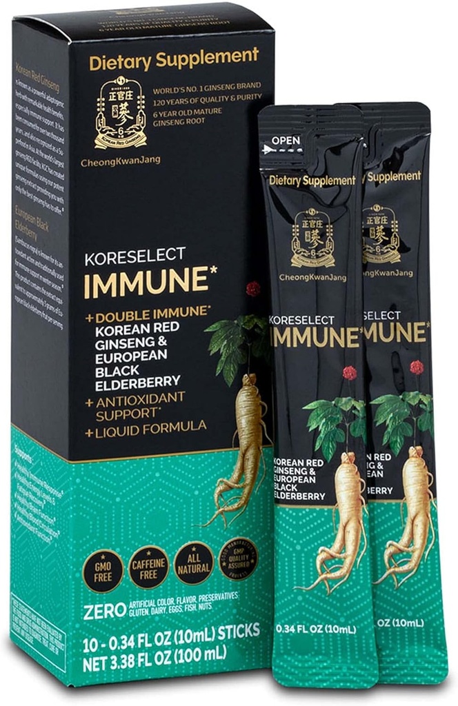 Immuuni, korealainen Red Ginseng Extract kanssa Elderberry Liquid Sticks, Immuniteetti tuki, verenkierron Booster, Natural Energy Supplement, 6 vuotta vanha Aasian Panax Ginseng, 10 kreivi