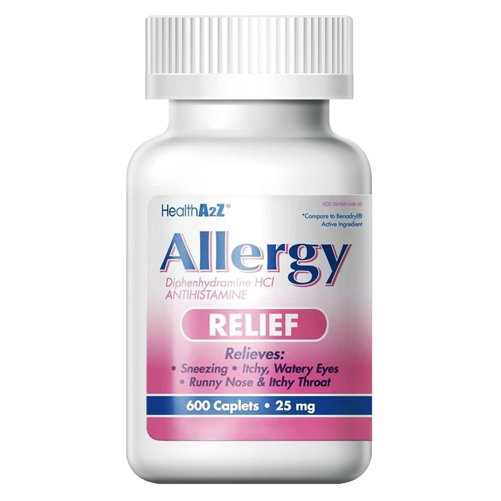 HealthA2Z® Allergy Relief | Diphenhydramine HCL 25mg | Antihistamin | Relief från Itchy Throat, Sneezing, Runny Noses | Indoor & Outdoors Allergies (600 Caplets (Pack of 1))