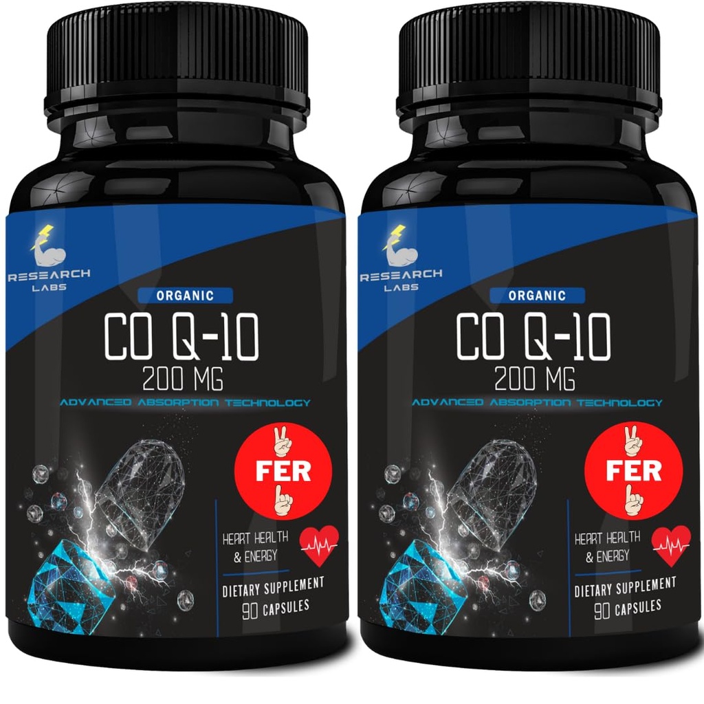 Forskning Labs 180 Softgels Advanced Absorption 200mg CoQ10 w / Black Pepper Extract. 2 för 1 Ad. Organic, Gluten Free, Heart Health Support, Energy Production, Antioxidant Supplement