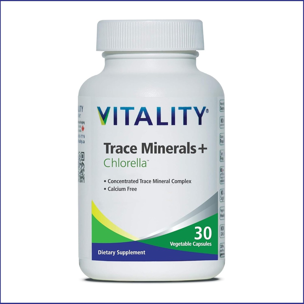 Vitality Trace Minerals + klorella ... 30 päivää/kapselit- Canadian-Made Full Spectrum Mineral Complex ... Mangaani, sinkki, seleeni & enemmän... Vegaani, Allergen-free.