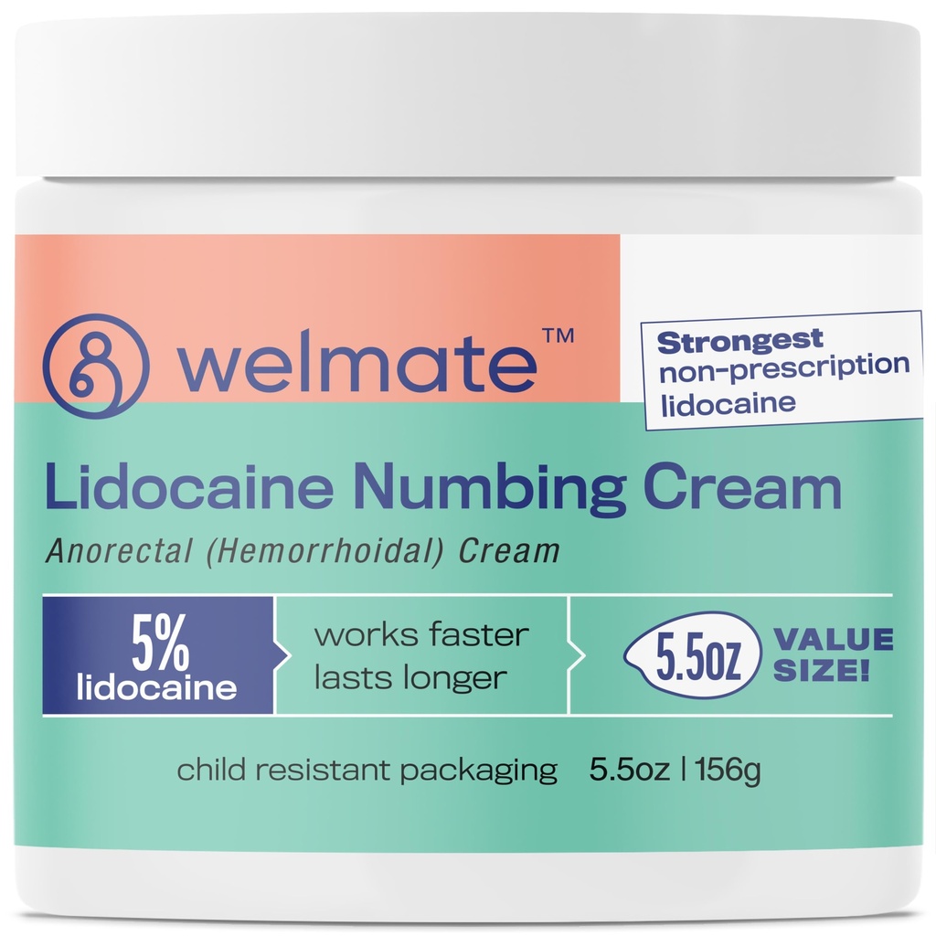WELMATE 5% Lidocaine Hemorrhoid Relief Cream, Maximal Strength Anorectal Cream, 5,5 oz