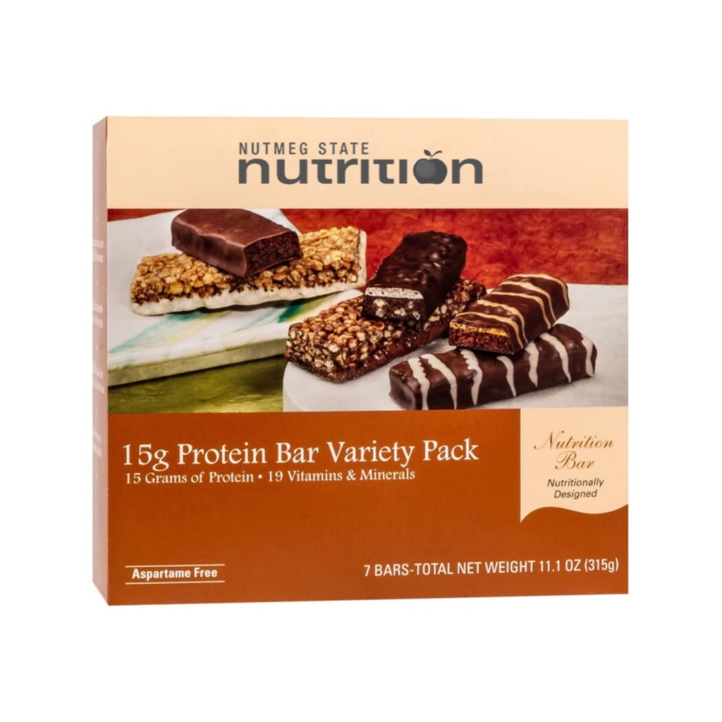 Nutmeg State Nutrition High Protein Välipala ja ateriankorvike Bar / Ruokavalio Bars - 15g Protein Bar Variety Pack (7ct) - Trans Fat Free, Aspartame Free, Kosher, Korkea kuitu
