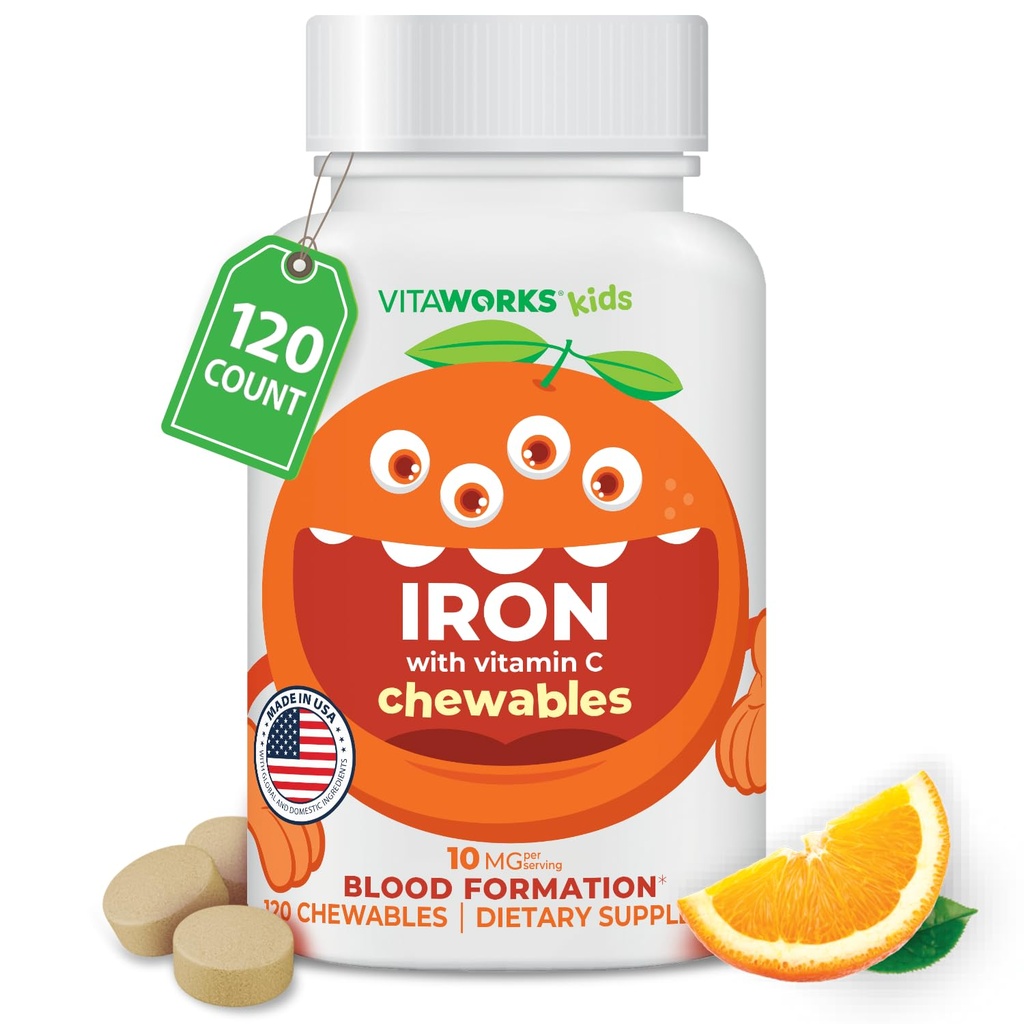 Lasten rauta 10 mg kanssa C-vitamiini 50 mg purutabletteja - Tasty Natural Flavored - Vegaani, kasvissyöjä, GMO-vapaa, Pähkinätön - Ruokavalion rauta täydentää - Blood Formation lapsille - 120 Chewables