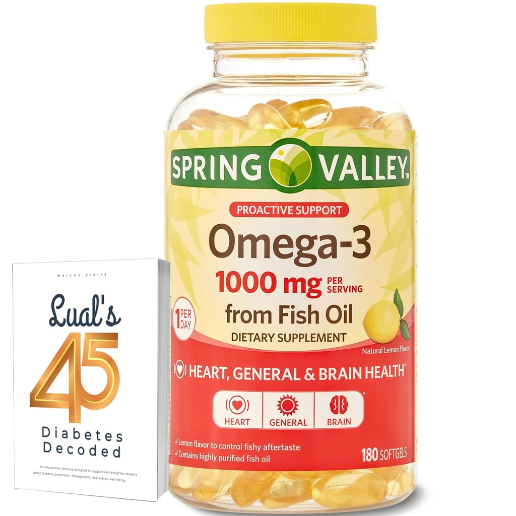 Spring Valley Omega-3 Fish Oil Pehmeät geelit, 1000 mg, 180 kreivi, Ravintolisä, Omega-3 Rasvahapot Bundle Lualin 45 Diabetes Dekoodattu