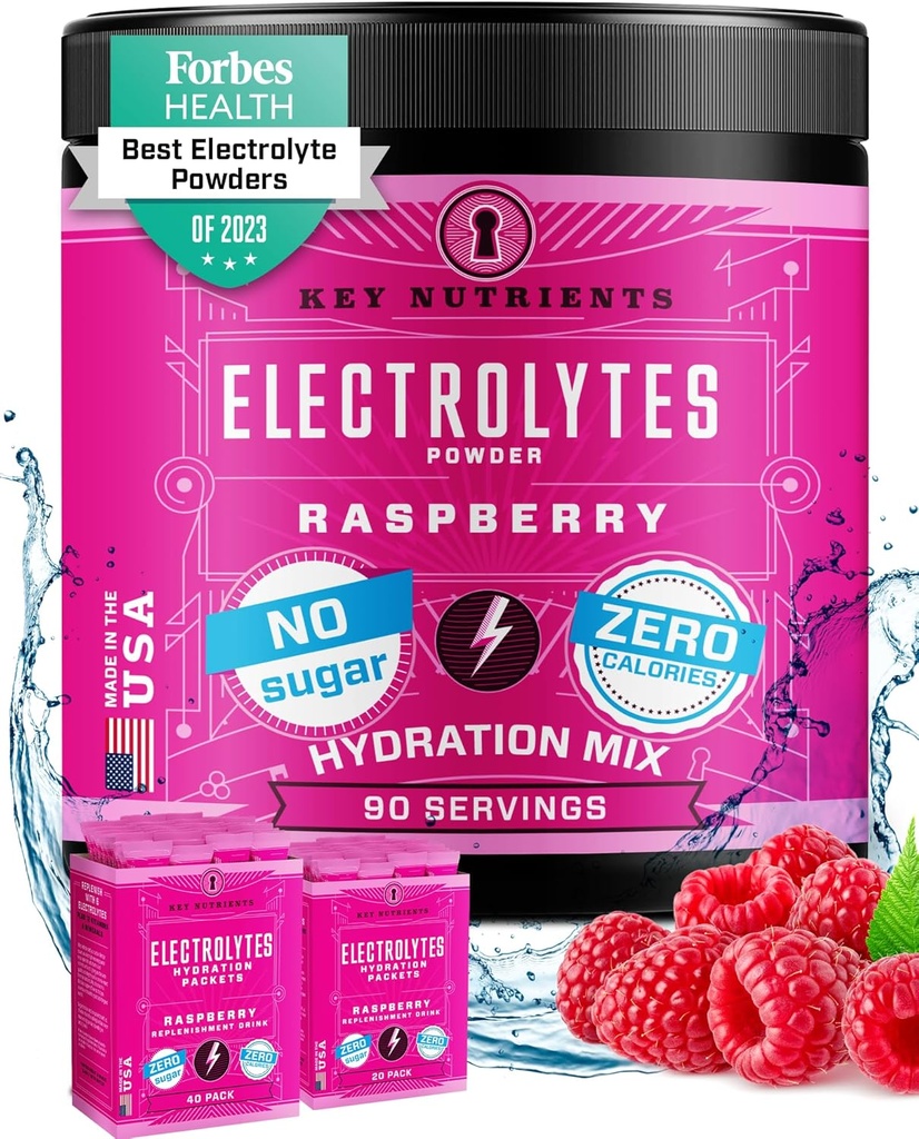 Avainaineet Multivitamiini Elektrolyyttejä Powder No Sugar - Juicy Vadelma Elektrolyytti Powder - Hydraation Powder - Ei kaloreita, gluteeniton Keto Electrolyyttejä Powder - 90 Tarjoukset - Valmistettu USA