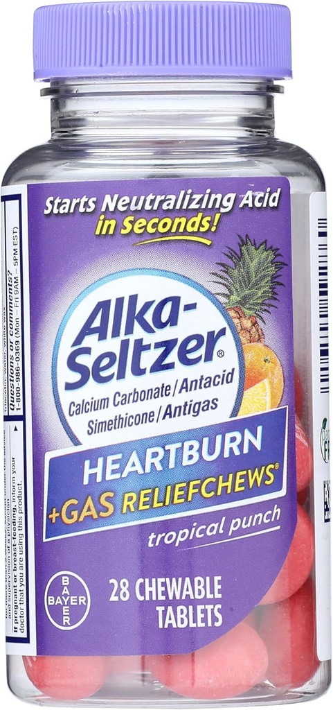Alka-Seltzer Heartburn + Gas ReliefCheews - Heartburnin, kaasun, happojen ruuansulatuksen ja Sour Smach - Trooppinen Punch Maku - 28 Count