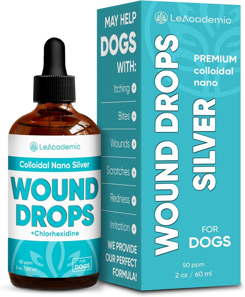 Dog Wound Care in Drops | Dog Cone kan vara till hjälp här | Silver + klorhexidin är en livräddare för hudirritation, repor, bitar, rodnad och suturer efter kirurgi | 2 Oz