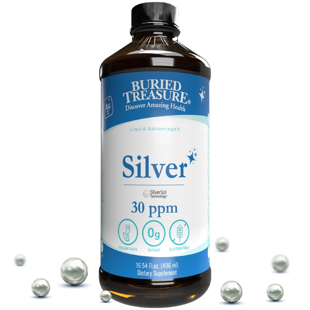 Haudattu aarre Puhdistettu Silver Liquid 30 PPM - 16 oz. 96 Tarjoilut, Nano Silver Solution, Spray & Dietary Immuno Supplement