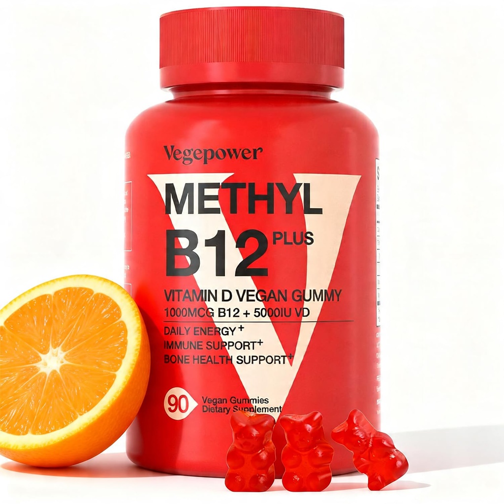 Vegan Vitamin D3 & B12 Gummies, Methyl B12 Supplement för vuxna och barn, förbättrad med vitamin D 3 för naturlig energi, immun, metabolism och fokus, Orange, 90 Gummies