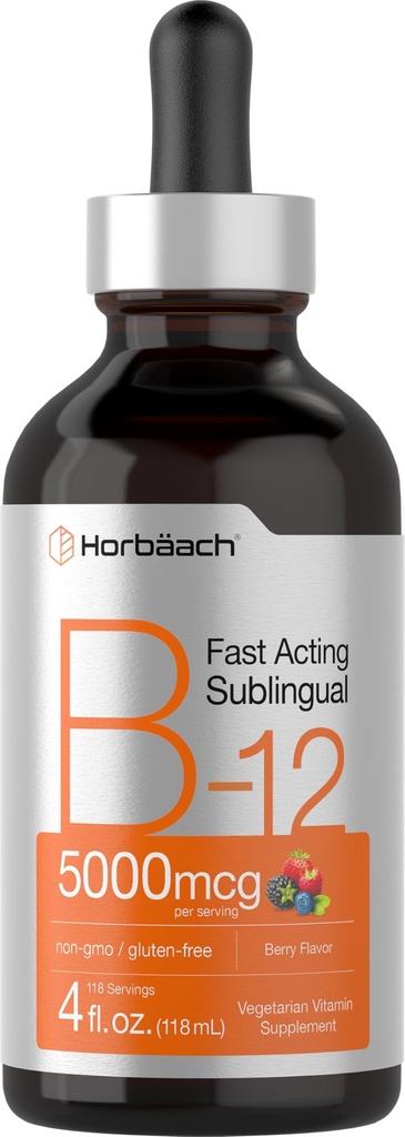 Horbaach B12 Vitamin 5000 mcg Sublingual | 4 Fl Oz | som Methylcobalamin och Cyanocobalamin | Liquid Vegetarian Drops | Berry Flavor | Non-GMO & Gluten Free Supplement