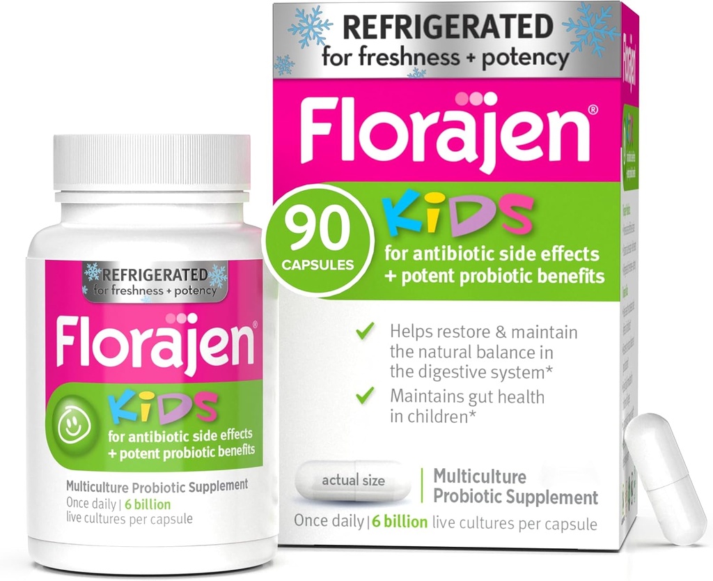 Florajen Kids Probiotic, 6 miljarder CFU, kyld probiotika för barn, multikulturprobiotisk tillskott, lindrar ockasionell gas, uppblåsthet och förstoppning, stöder Gut Health, 30 Ct (3 Pack)