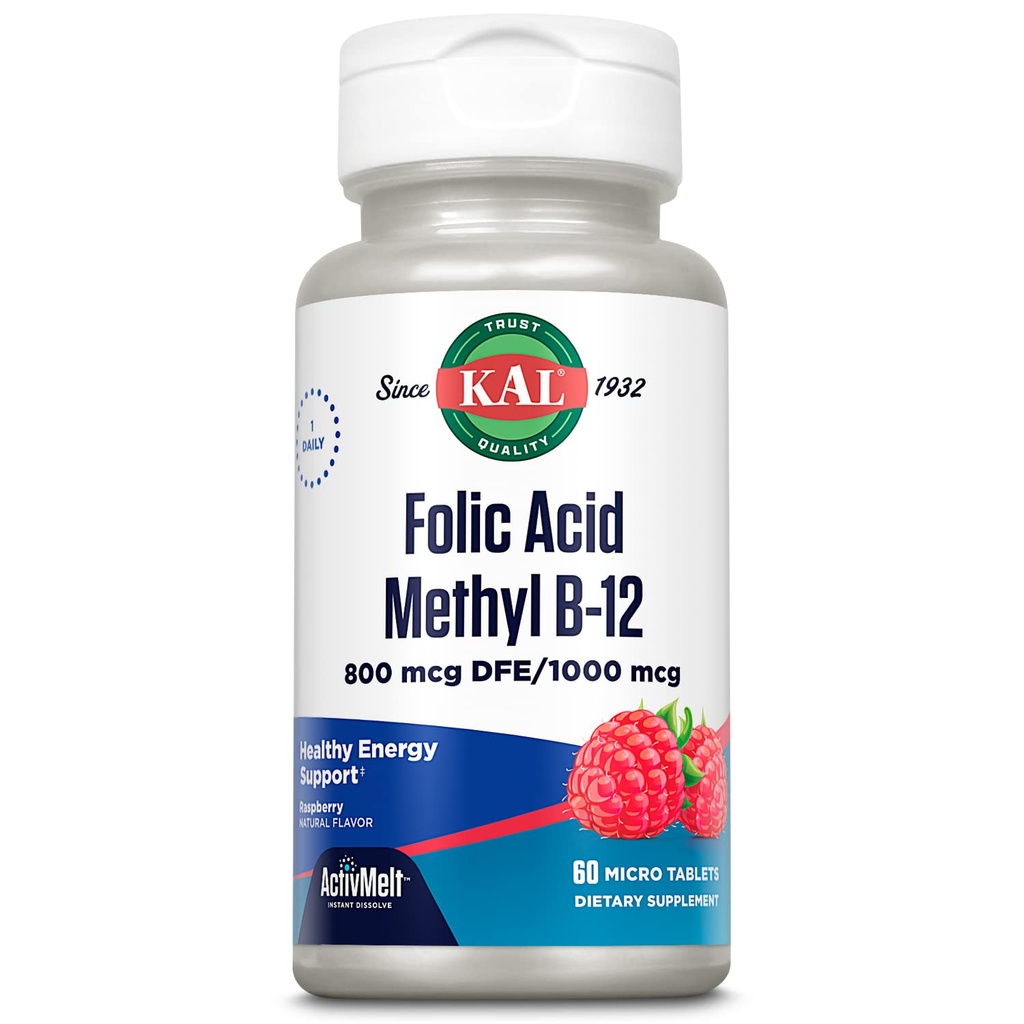 Kal 800 Mcg Folic Acid Metyyli B-12 Tabletit, vadelma, 60