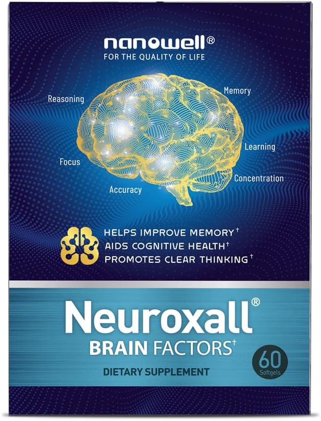 NANOWELL Neuroxall aivotekijät - Kognitiivinen tuki B6-vitamiinilla, Astaksantiinilla, Ginkgo Biloba -uute & fosfatidyyliseriini - Tehostaa aivojen terveyttä, muistia ja keskittymistä - 60 Softgelia