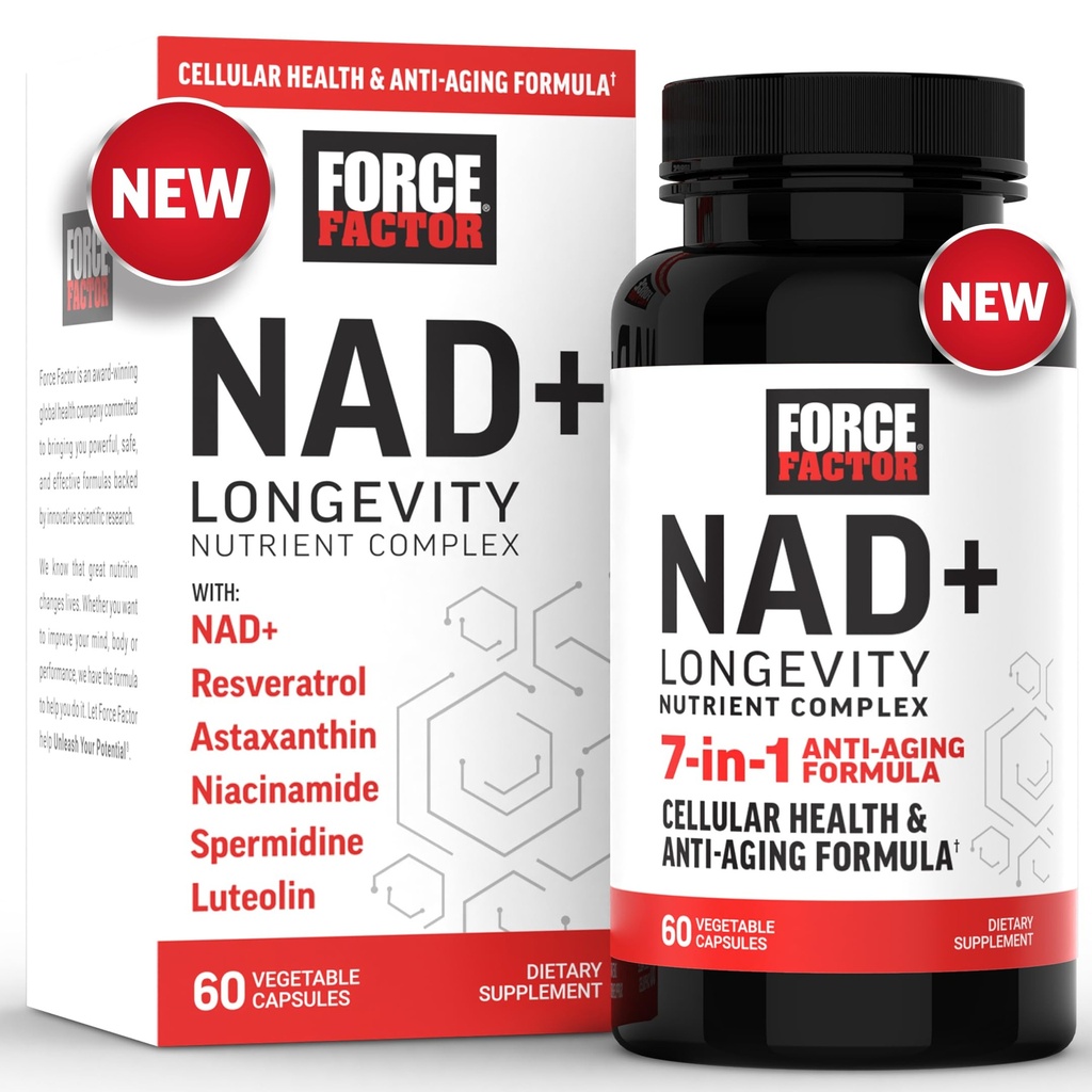 FORCE FACTOR NAD+ (NMN tai Nikotinamidi Riboside Alternative) Resveratrolilla, Astaksantiinilla, spermidiinillä ja luteolinkompleksilla, NADilla, joka tukee solujen terveyttä ja tervettä ikääntymistä, 60 kapselia