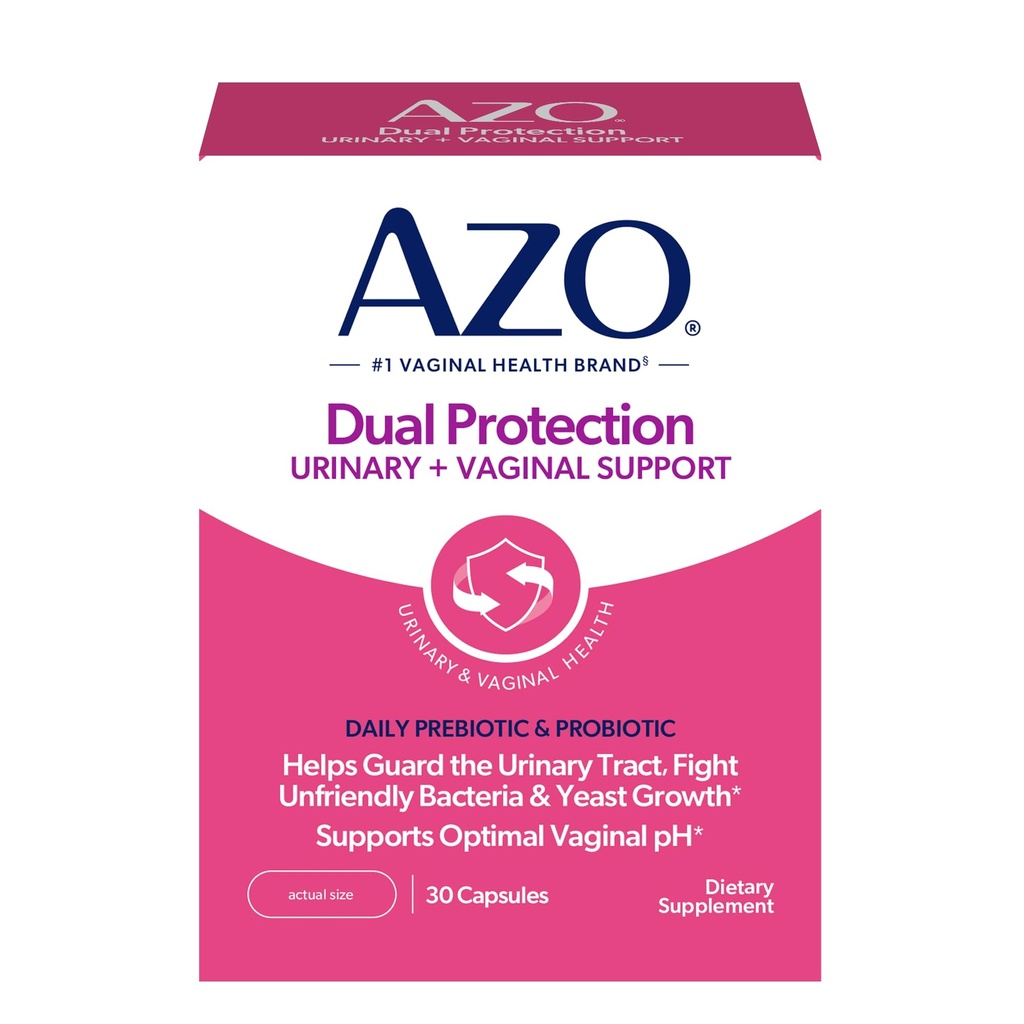 AZO Dual Protection, Urinary + Vaginal Support, Prebiotika och Probiotika för kvinnor*, börjar arbeta inom 24 timmar, icke-GMO, 30 greve
