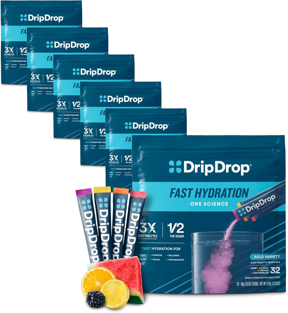 DripDrop Hydration Packets - Rohkea Variety Pack - Single Serve Electrolytes Powder Drink Mix - Watermelon, Berry, sitruuna, appelsiini - ei-GMO, Gluteenittomat, Vegan - 192 Sticks