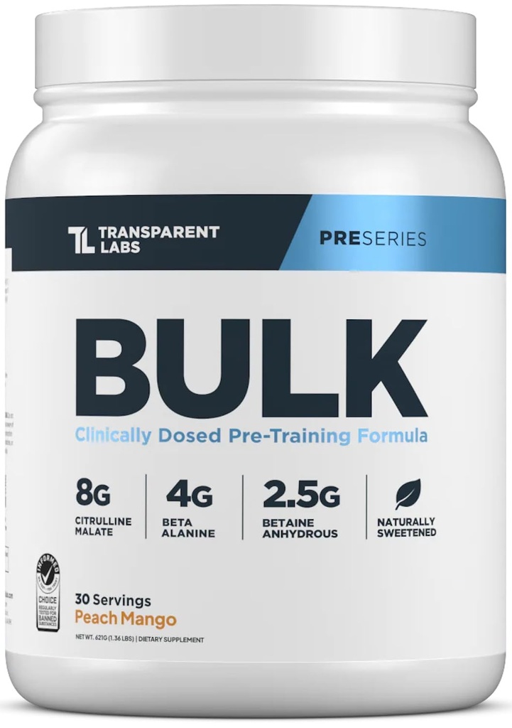 Läpinäkyvä Labs Bulk Pre Treenout Powder - Luonnollisesti makeutettu Advanced Pre-Workout Formula Lihas Building and Strength - 30 Tarjoilut, Persikka Mango