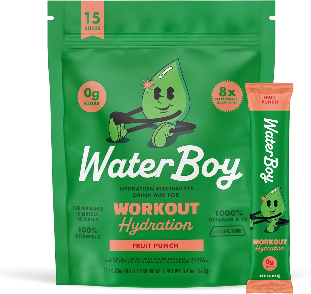 Waterboy Treenout Hydration ... 2960mg Sokeriton Elektrolyyttijauhepakkaus L-glutamiini + vitamiinit Ei sokeria, kaikki luonnolliset, Gluteeniton 15 Drink Stick Mixes (Fruit Punch)