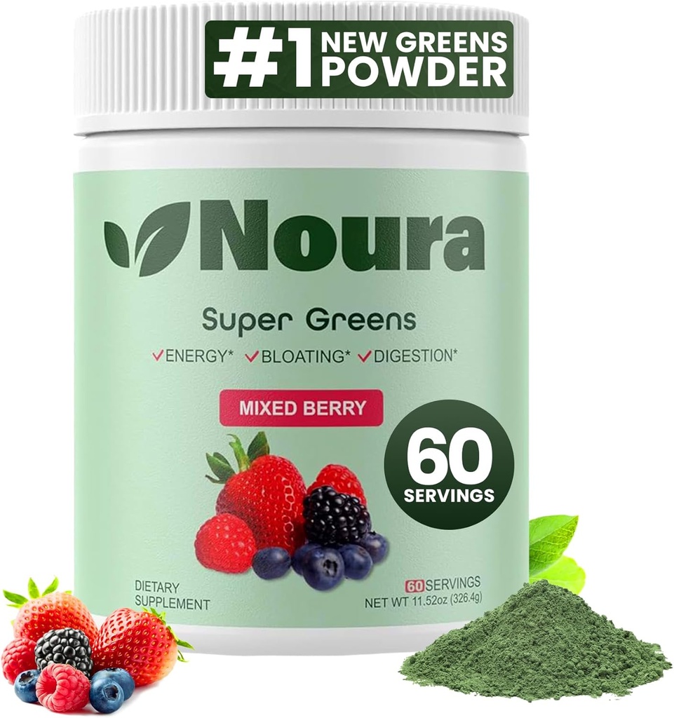 Super Greens Powder, 60 portioner - Immunity, Digestive Enzymes & Probiotics for Energy, Gut Health, Bloating Relief for Women - Greens Superfood Powder - Mixed Berry