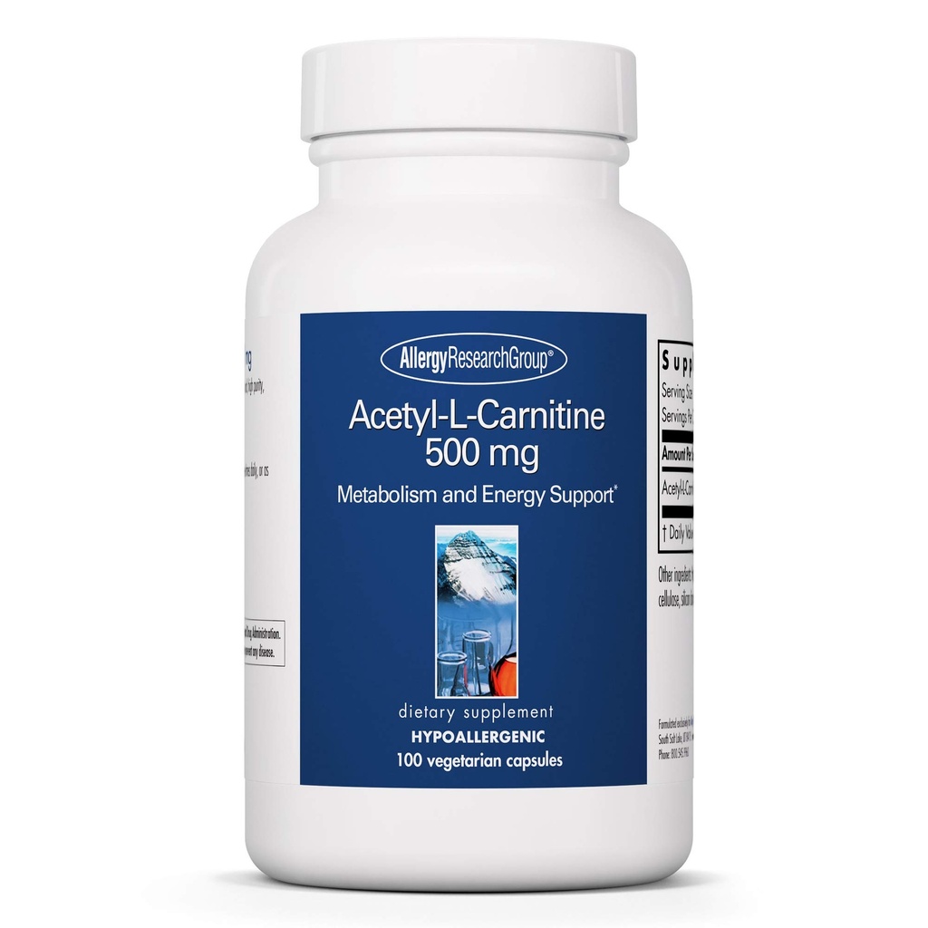 Allergy Research Group Acetyl-L-Carnitine 500mg Supplement - Aineenvaihdunta ja energia tuki, ALC, vapaa muoto Aminohappo, kasvissyöjä kapselit - 100