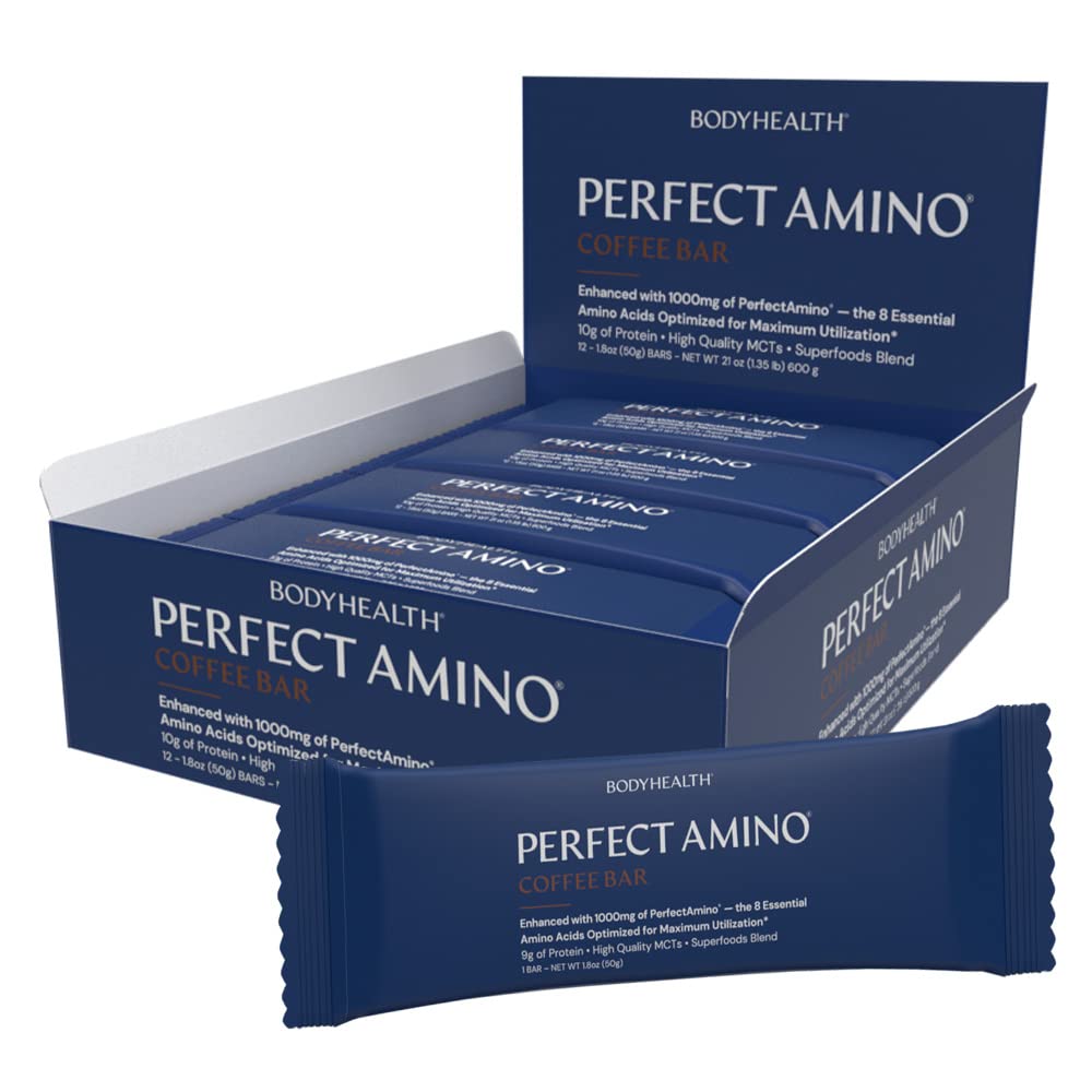 BodyHealth PerfectAmino Bar Protein Energy Snack kanssa 10g proteiinia, kasvi perustuu MCT: n, Superfood Blend, Kosher, (kahvi, 12 pakkaus)
