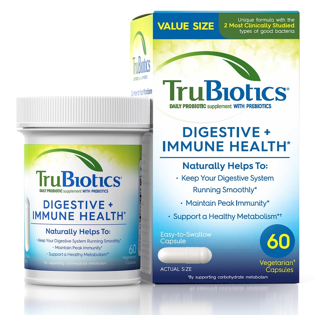 TruBiotics Probiotics for digestive & Immuuniterveys, tukee Säännöllisyys & auttaa lievittää vatsavaivoja, kaasu ja turvotus, 2 Kliinisesti tutkittu Probiootti kanta, Plus prebiootit, 60 kapselia