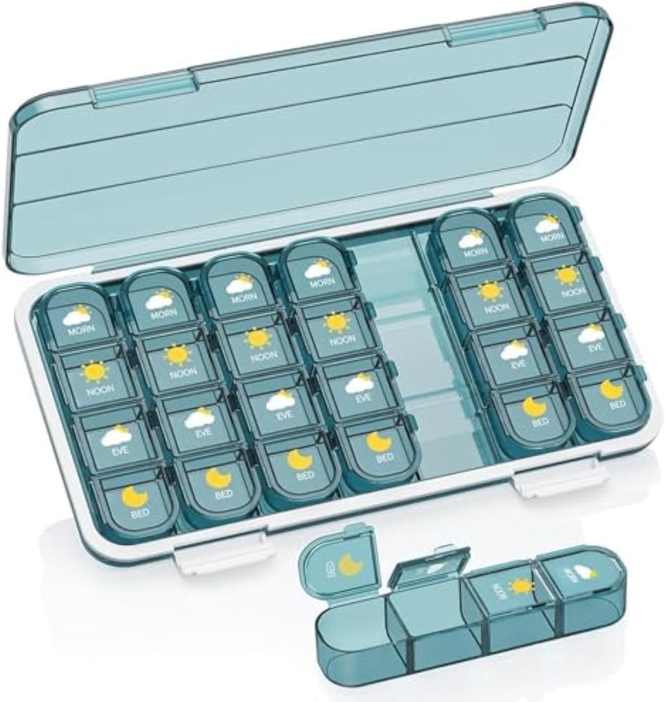 Pill Organizer 4 Times A Day, Pill Box 4 Times A Day 7 Day - Acedada Weekly Medicine Box Organizer med separat fall, Portable Daily Pill Container Dispenser för vitamin, fiskoljor, kosttillskott, blå