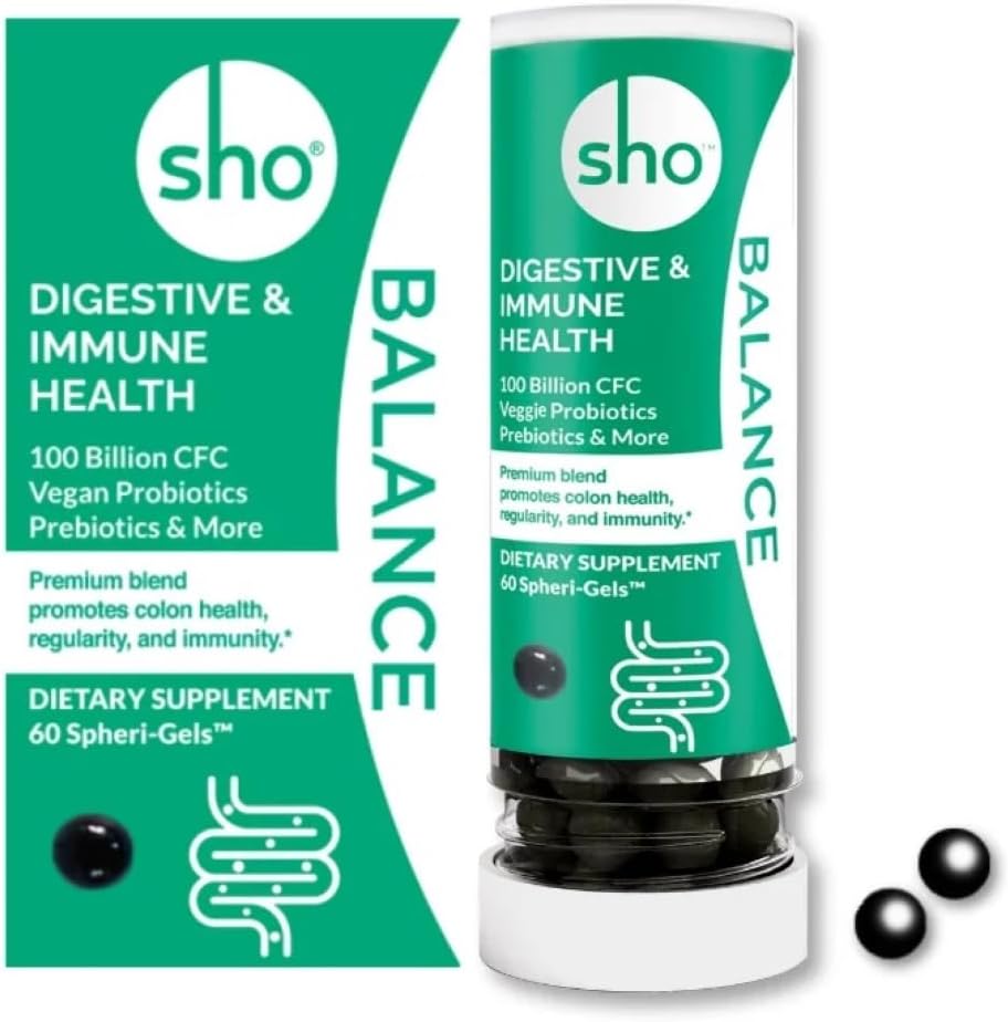 SHO Balance 100 miljardia PMY Prebiootit ja probiootit mukaan lukien Lactobacillus Casei varten digestiivinen terveys, hylly- vakaa vegaaninen probiootit miesten ja naisten ... 60 pillereitä täydennys pullo