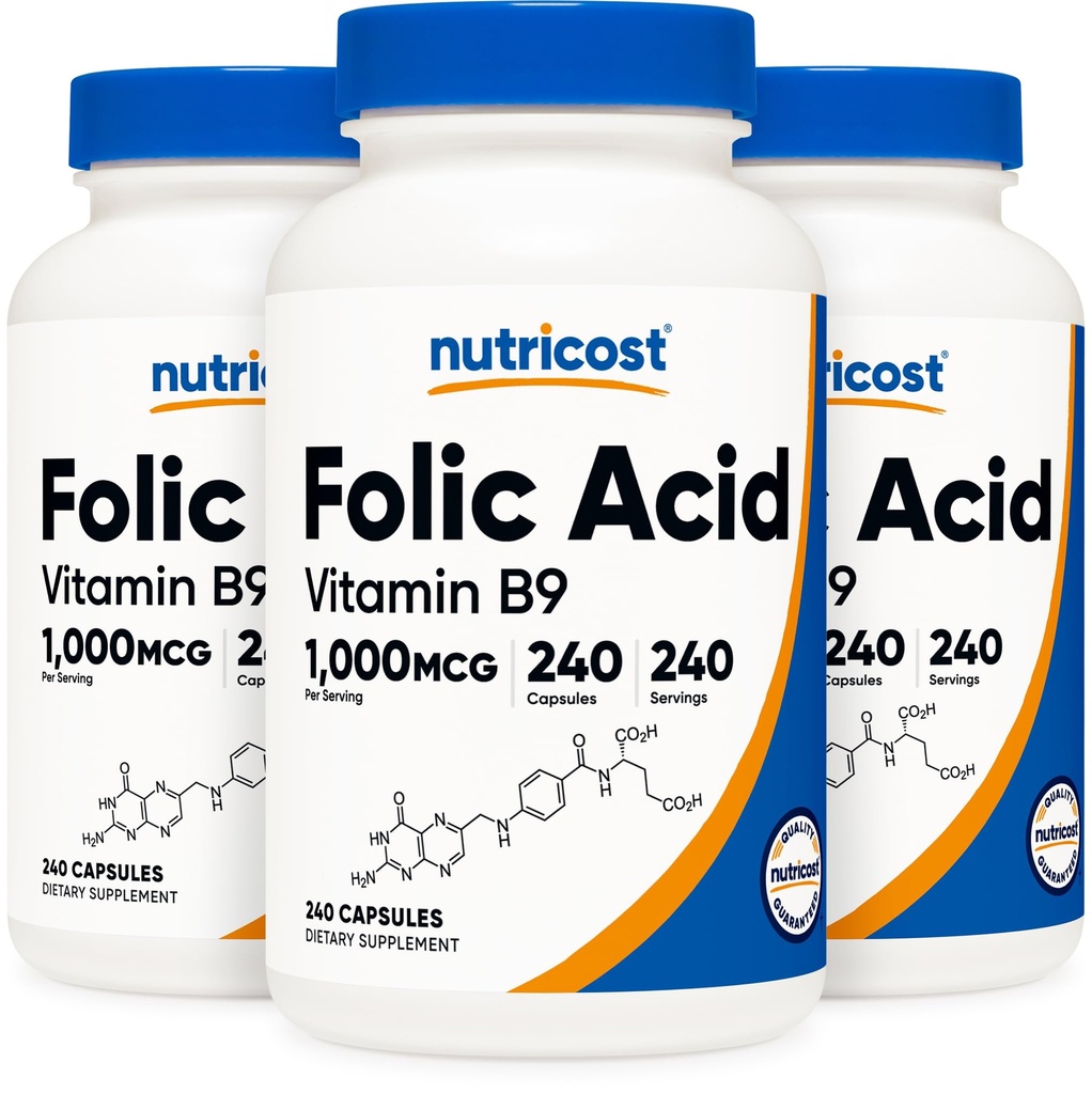 Nutricost Folic Acid (Vitamin B9) 1000 mcg, 240 kapslar (3 flaskor)