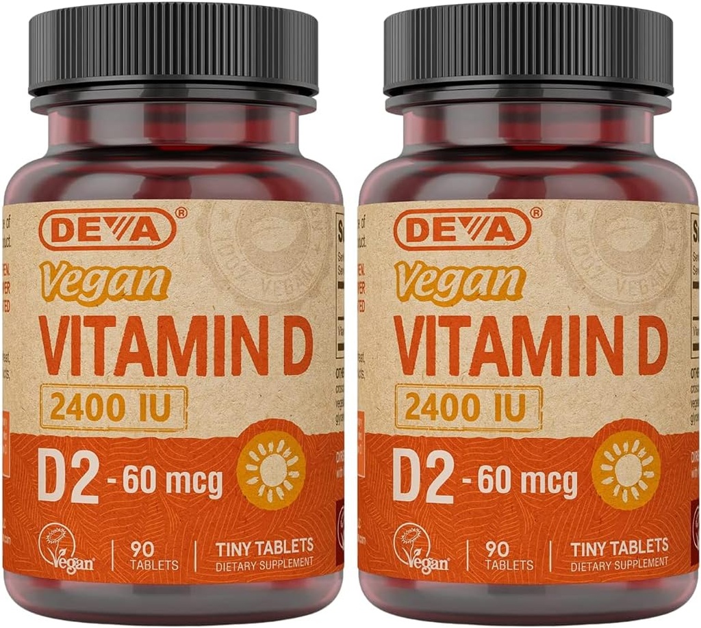 DEVA-vegan D2-vitamiini 60 mikrog 2400 IU, ergokalsiferolilisä, jossa ei ole eläinperäisiä ainesosia, 90 tablettia (pakkaus 2)
