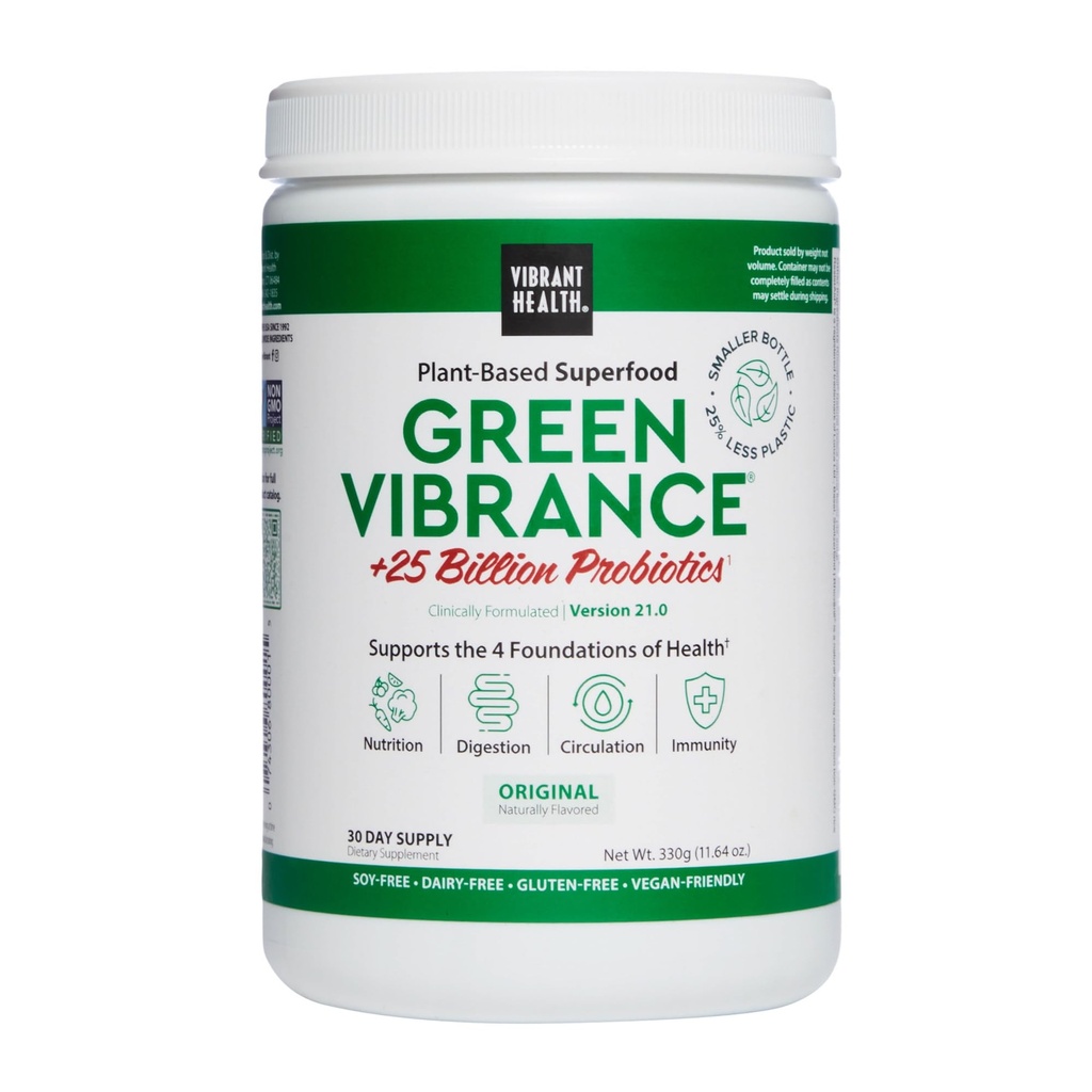 Vibrant Health, Green Vibrance, Sisältää 65 Kasvipohjaiset Superfoods, 25 miljardia Probiootit, kuitu, Adaptogens & Enzymes, 30 Tarjoilut