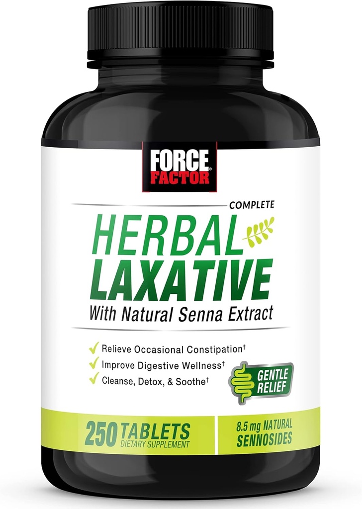 FORCE FACTOR Herbal Laxative for Ummetus Helpotus aikuisille, Digestion Supplement Valmistettu Senna puhdistaa, Detox, ja Soothe, Laksatives for Ummetus naisille ja miehille, 250 tablettia