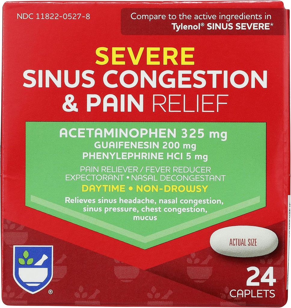 Rite Aid Daytime Severe Sinus Congestion & Pain Relief - Acetaminophen, 325 mg - 24 Caplets | Multi-Symptom Non-Drowsy | Relief | Cold and Flu | Cold & Sinus Medicine för vuxna