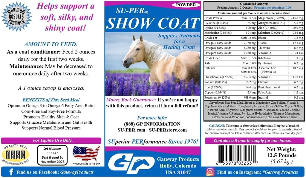 SU-PER Show Coat Supplement för hästar - Stöder mjuka, silkeslen och Shiny Coat - Snabbare Mane och Tail Growth - Aminosyror, B-Complex Vitaminer och mineraler - 12,5 pund, 3 månaders leverans