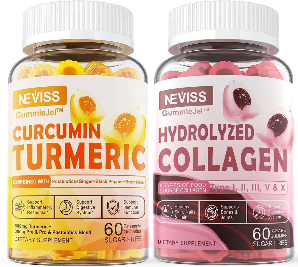 Sokeriton kollageeni täytetyt Gummies + sokeriton kurkuma Curcumin täytetyt Gummies, terve iho hiukset kynnet, luut ja Joint Support, Immuuni & Ruoansulatus