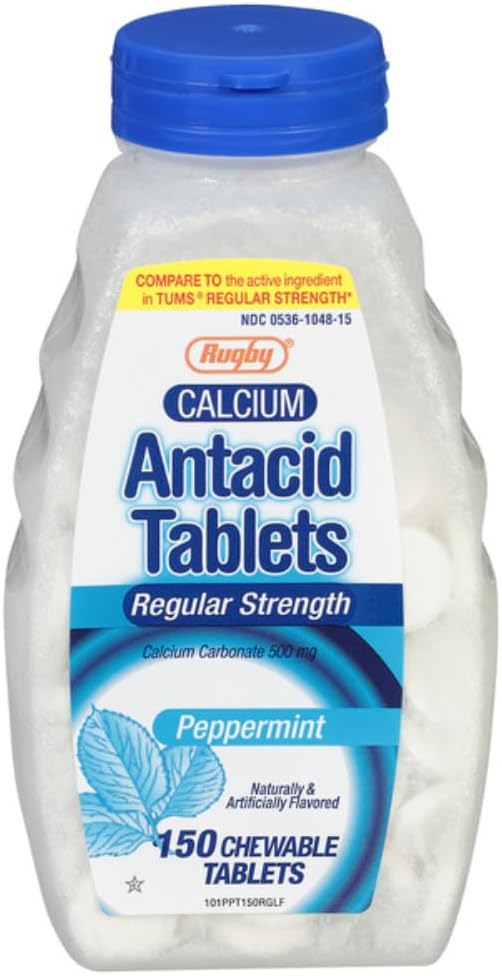 Rugby Regular Strength Antasidi Purutabletti - Valmistettu 500 mg kalsiumkarbonaatti - Piparminttu maku - 150