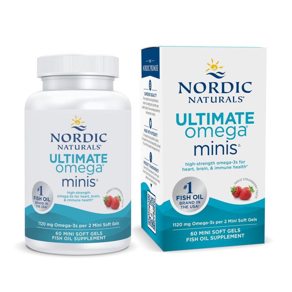 Nordic Naturals Ultimate Omega Minis, Strawberry Flavor - 60 Minis Soft Gels - 1120 mg Omega-3 - High-Potency Fish Oil Supplement - EPA & DHA - Främjar hjärn- och hjärthälsa - 30 portioner