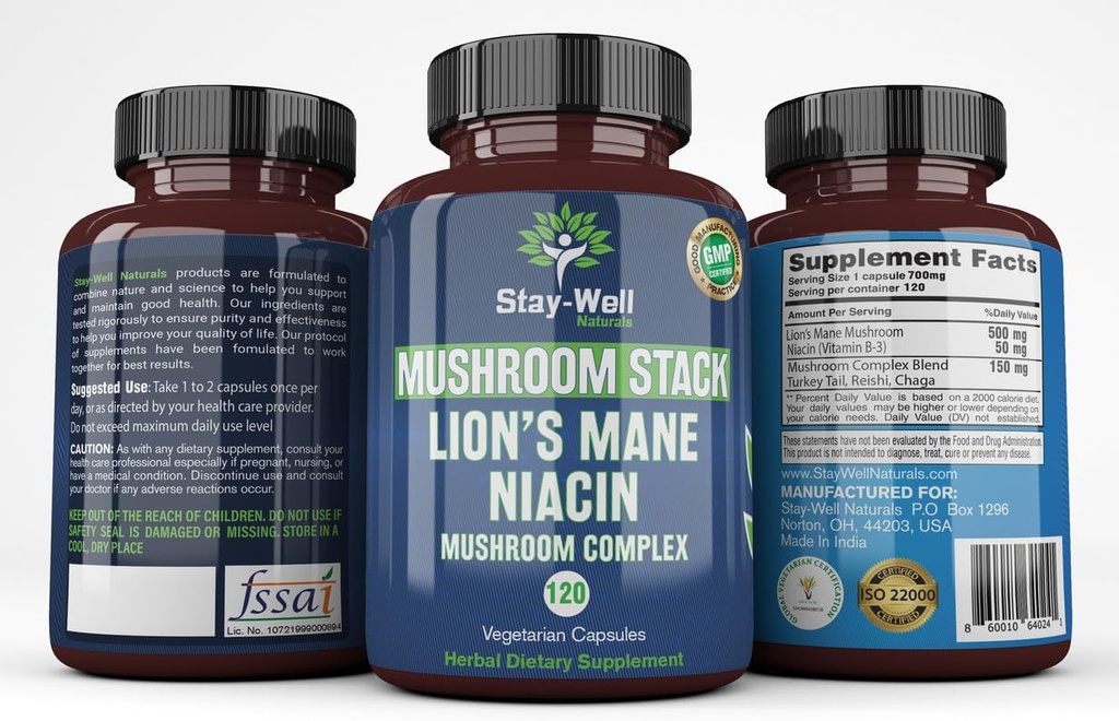 Lion Mane Mushroom Supplement Capsules med Niacin | Mushroom Complex Capsules, med Turkiet Tail Mushrooms, Chaga Mushroom och Reishi Mushroom Extract, Mushroom Supplement Capsules