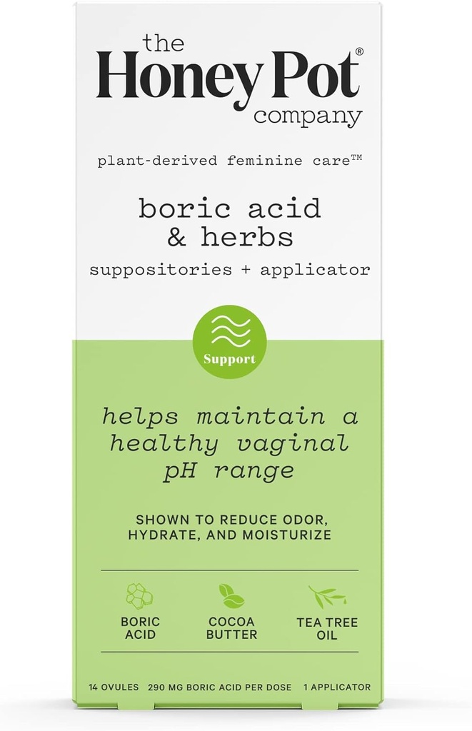 The Honey Pot Company 7 Day Boric Acid & Yrtit Suppositories - Ylläpitäjät ja tasapainot Terve emättimen pH, Managing Odor, Hydrates, & Kosteus - Gynekologi testattu
