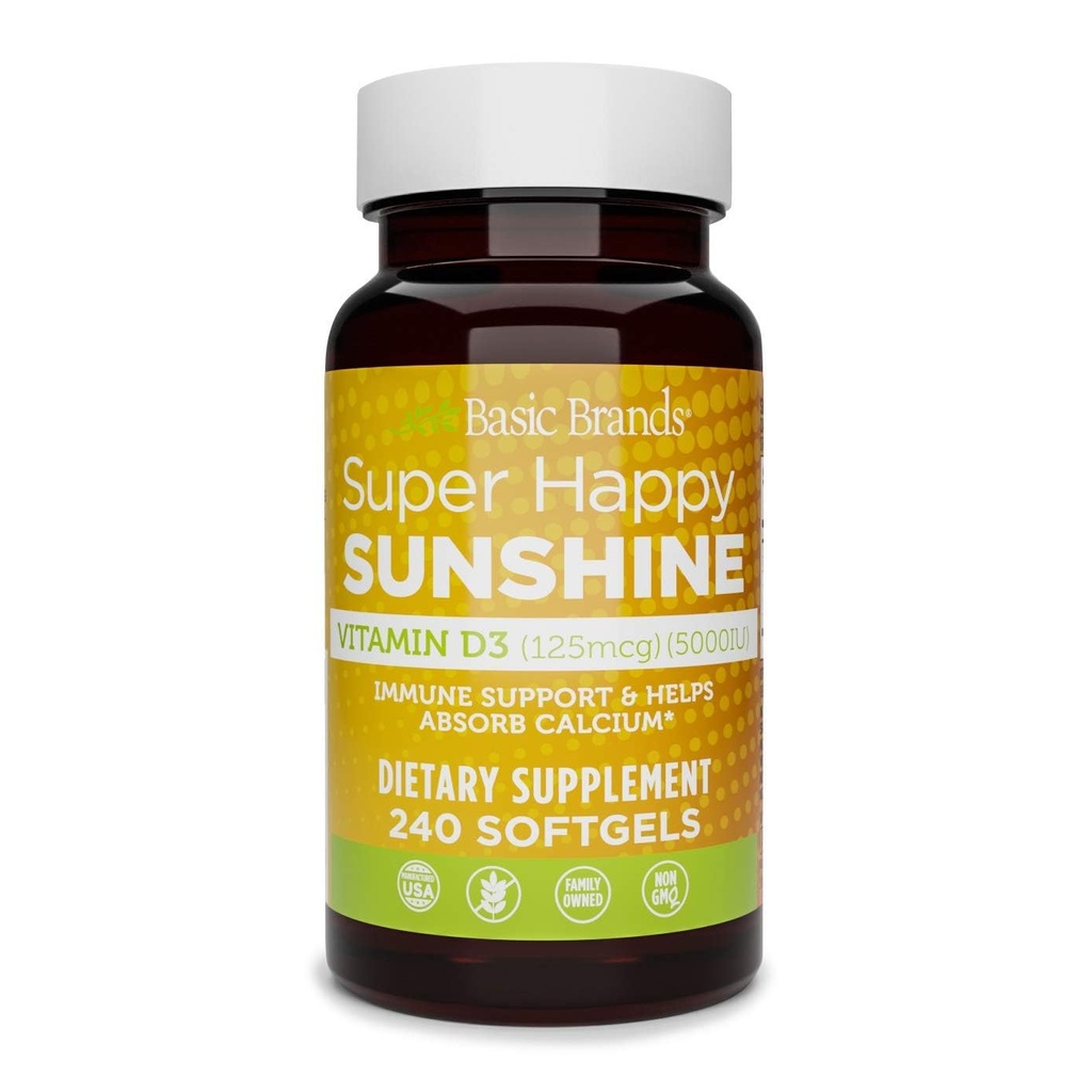 Perusmerkit Super Happy Sunshine D3-vitamiini 5000IU, 240-luku (Pack of 1)
