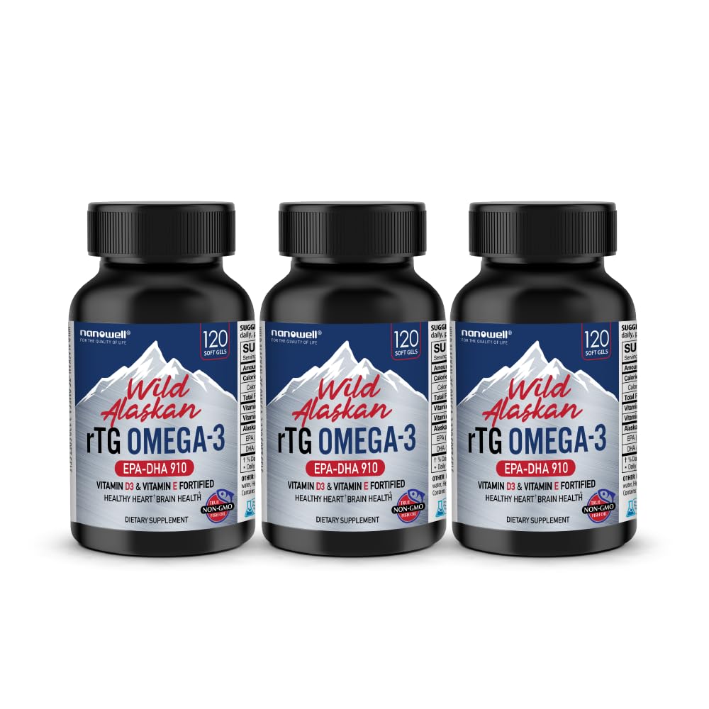 NANOWELL Wild Alaskan rTG Omega-3 Fish Oil 1196mg - EPA, DHA, D3 & E - 120 Softgels x 3 pulloa (360
